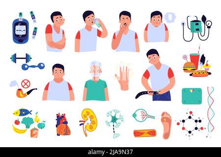 Flat set with diabetes treatment and people suffering from symptoms isolated on white background vector illustration Stock Vector