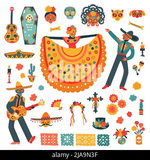 Flat mexican holiday day of dead set with colorful traditional symbols flowers musical instruments and people dancing in masks isolated vector illustr Stock Vector