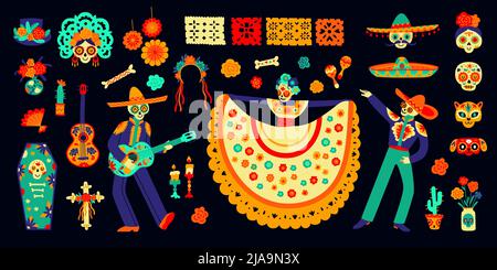 Flat set with colorful symbols of dead day mexican holiday isolated on black background vector illustration Stock Vector