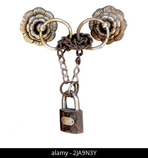 Digital illustration of antique brass padlock and chain hanging on brass door ring knobs against white background. Copy space Stock Photo