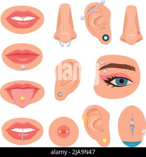 Piercing body flat set of isolated icons with parts of human body being pierced with jewelry vector illustration Stock Vector