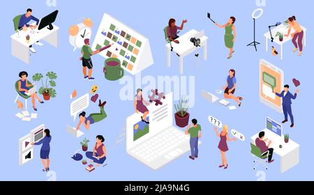 Content manager color set with editor and publisher isometric isolated vector illustration Stock Vector
