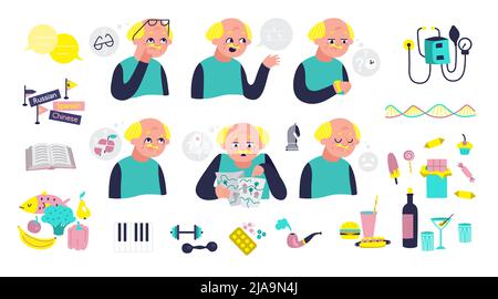 Alzheimer disease flat set with senior man suffering from dementia symptoms icons showing risk factors and prevention steps isolated vector illustrati Stock Vector