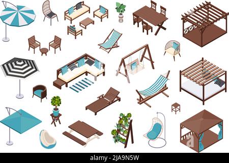 Garden furniture isometric set with isolated icons of wooden chairs beds and hammocks with umbrella tops vector illustration Stock Vector