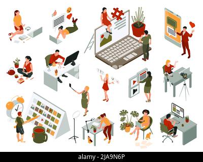 Content manager set with copywriter and blogger isometric isolated vector illustration Stock Vector