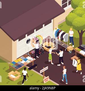 Flea market and garage sale isometric composition with people choosing antique items vector illustration Stock Vector