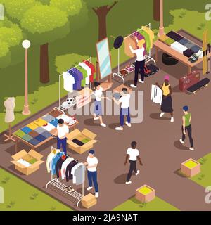 Flea market and garage sale isometric composition with people choosing antique items outdoors vector illustration Stock Vector