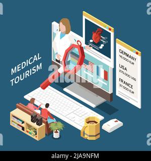 Isometric composition with two people choosing country for medical tourism online on computer 3d vector illustration Stock Vector