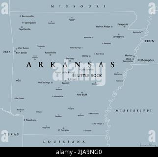 Arkansas, AR, gray political map, with the capital Little Rock and large, important cities. Landlocked state in the South Central United States. Stock Photo