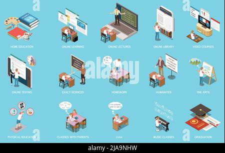 Isometric physical education lesson set of isolated icons with adult ...