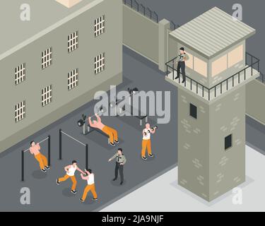 Prison isometric background with warden watching sports activity of convicts in courtyard of prison vector illustration Stock Vector