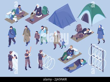 Refugees isometric color set of border guards barbed wire people living in immigration camp isolated vector illustration Stock Vector