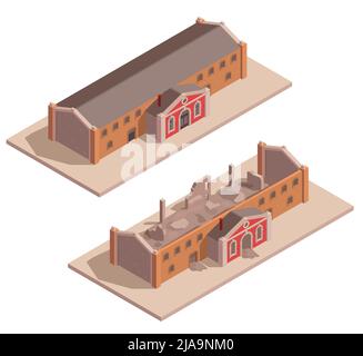 Old industrial building isometric set with ruined and redeveloped factories isolated vector illustration Stock Vector