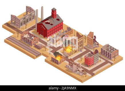 Ruined burning buildings in destroyed city isometric vector illustration Stock Vector