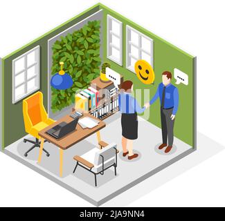 Soft skills isometric composition with two office workers communicating shaking hands 3d vector illustration Stock Vector