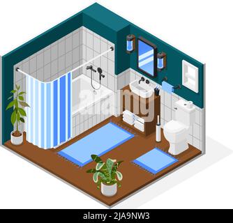 Cozy modern bathroom interior with bathtub toilet washbasin two rugs potted plants isometric composition 3d vector illustration Stock Vector