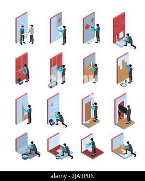 Home repair isometric set of people engaged in installation of plumbing putty and painting walls laying tiles vector illustration Stock Vector