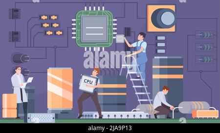 Micro chips assembly background with cpu symbols flat vector illustration Stock Vector