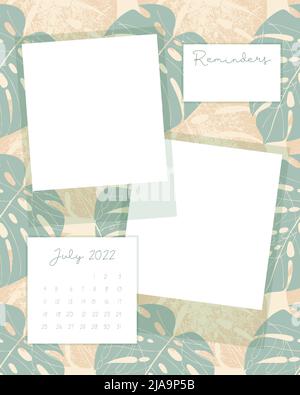 July 2022 calendar collage vintage scrapbooking on monstera leaves pattern background. Vector illustration Stock Vector