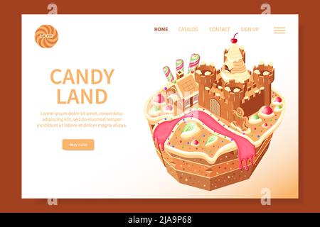 Candy land isometric web site with horizontal landing page gingerbread houses on pancake with text links vector illustration Stock Vector