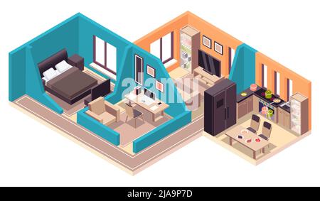 Interior isometric composition with furniture rooms and comfort symbols ...