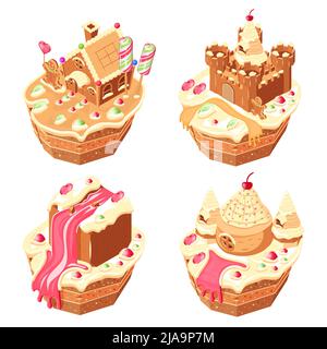 Candy land isometric 2x2 set of isolated compositions of creamy cupcakes with gingerbread houses on top vector illustration Stock Vector