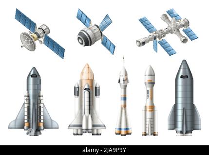 Realistic spacecraft launch set with isolated flying rockets on blue ...