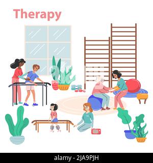 Physiotherapy and rehabilitation concept with therapy symbols flat vector illustration Stock Vector