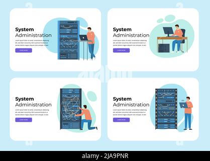 System administrator flat cards with horizontal web pages with editable text clickable links and doodle images vector illustration Stock Vector