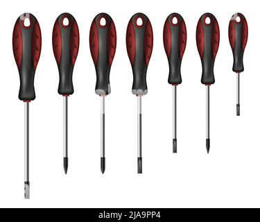 Screwdrivers realistic set with redecoration and repait symbols isolated vector illustration Stock Vector