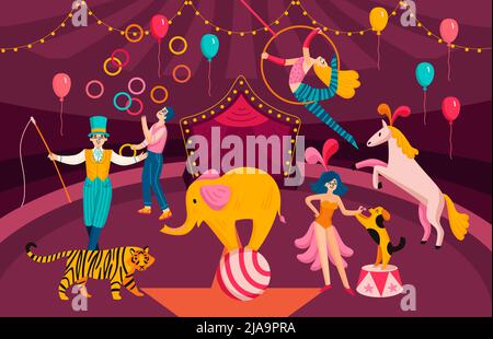 Circus colored composition circus magicians and trained animals perform together on the circus stage vector illustration Stock Vector
