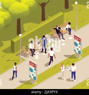 Unemployment isometric composition with jobless people in the park vector illustration Stock Vector