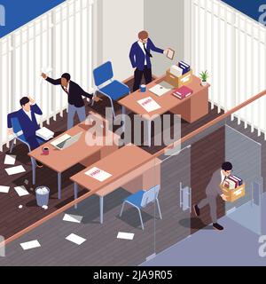 Unemployment jobless isometric composition with sad fired people vector illustration Stock Vector