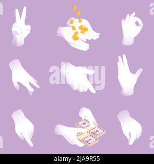 Hands holding money and making signs isometric icons set isolated vector illustration Stock Vector