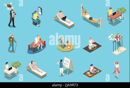 Downshifting isometric set with people escaping from office travelling doing hobbies self development isolated on blue background 3d vector illustrati Stock Vector