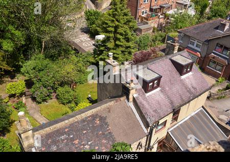 View over houses and hills in Matlock Town, Derbyshire, UK Stock Photo