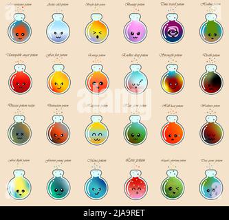 Potions set. Halloween icons. Vector fantasy and fairy tales objects set. Colorful icons Stock Vector