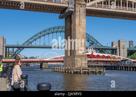 People look over the River Tyne and four of its bridges on a blue sky day at the Quayside, Newcastle upon Tyne, UK. Stock Photo