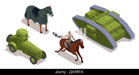 First world war military vehicles and cavalry isometric set isolated vector illustration Stock Vector