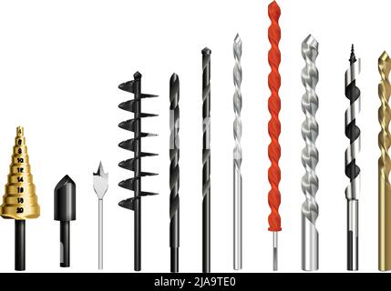 Drilling machine realistic set with isolated icons of rotary twist bits made of different metal materials vector illustration Stock Vector