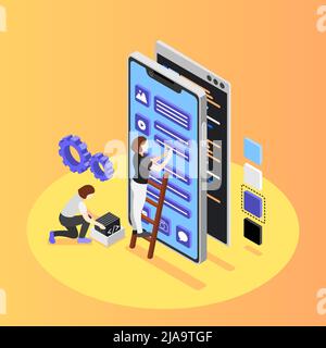 UI and UX designers isometric background with two young woman developing user interface of mobile phone application vector illustration Stock Vector