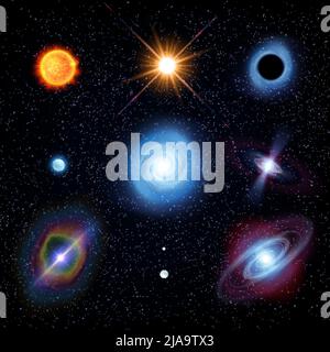 Star life cycle realistic set with isolated icons of shiny celestial bodies on dark sky background vector illustration Stock Vector