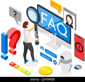 Customer support isometric composition with women looking through magnifying glass at screen with FAQ letters vector illustration Stock Vector