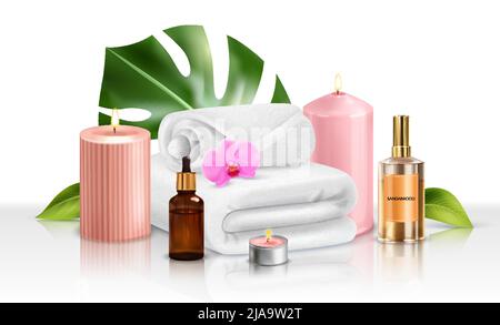 Composition with realistic images of towels and pink flower with candles and bottles of aroma oil vector illustration Stock Vector