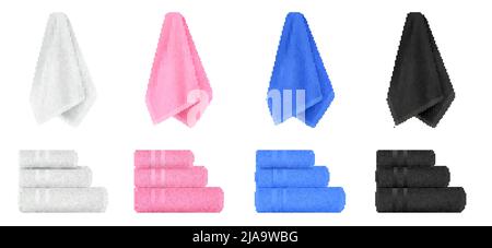 Realistic towel color set with twisted and hanging towels images of different color on blank background vector illustration Stock Vector