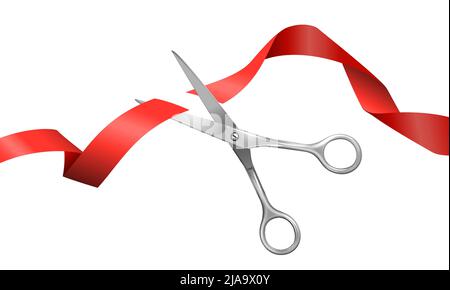 Realistic presentational composition consisting from metallic scissors cutting flying red silk ribbon on white background vector illustration Stock Vector