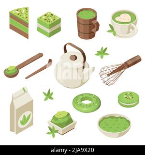 Matcha isometric set with isolated icons of powder cups leaves tea kettle with spoon and sweets vector illustration Stock Vector