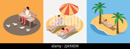 Set with three digital nomads isometric compositions of people relaxing outdoors while working remotely with laptops vector illustration Stock Vector