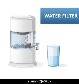 Household mineralized water filter and glass on white background cartoon isolated vector illustration Stock Vector