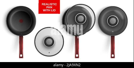 Realistic set of modern frying pans with lids top view isolated vector illustration Stock Vector